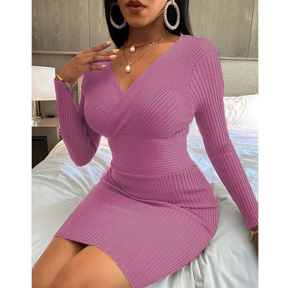 Fall Clothing Elegant Women Sexy V Neck Knit Long Sleeve Solid Ribbed Dresses Bodycon Midi Casual Knitted Dress
