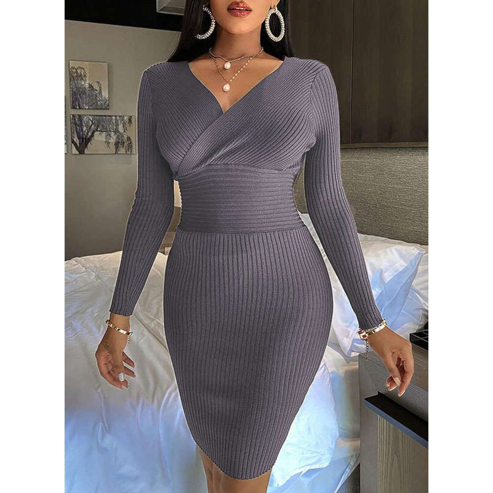 Fall Clothing Elegant Women Sexy V Neck Knit Long Sleeve Solid Ribbed Dresses Bodycon Midi Casual Knitted Dress
