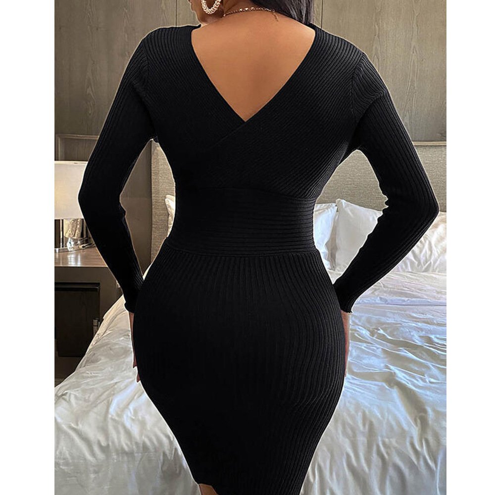 Fall Clothing Elegant Women Sexy V Neck Knit Long Sleeve Solid Ribbed Dresses Bodycon Midi Casual Knitted Dress