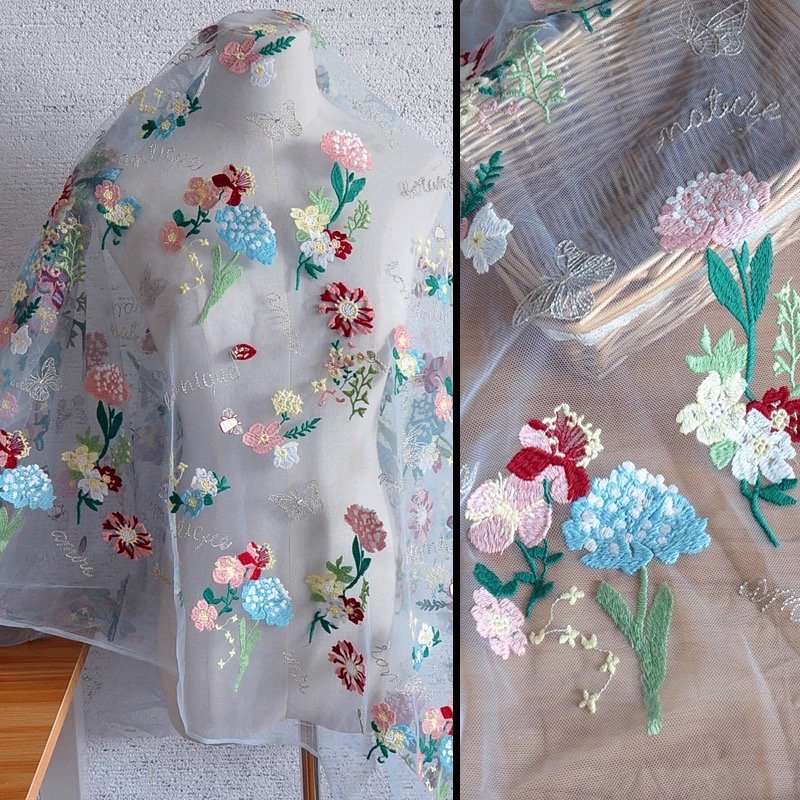 China Custom 130cm Embroidered Floral Light Pink Tulle Lace Trim Colorful Flower Embroidery Net Lace Fabric
