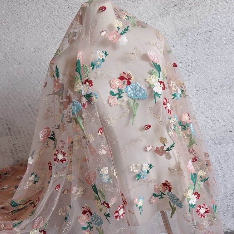 China Custom 130cm Embroidered Floral Light Pink Tulle Lace Trim Colorful Flower Embroidery Net Lace Fabric