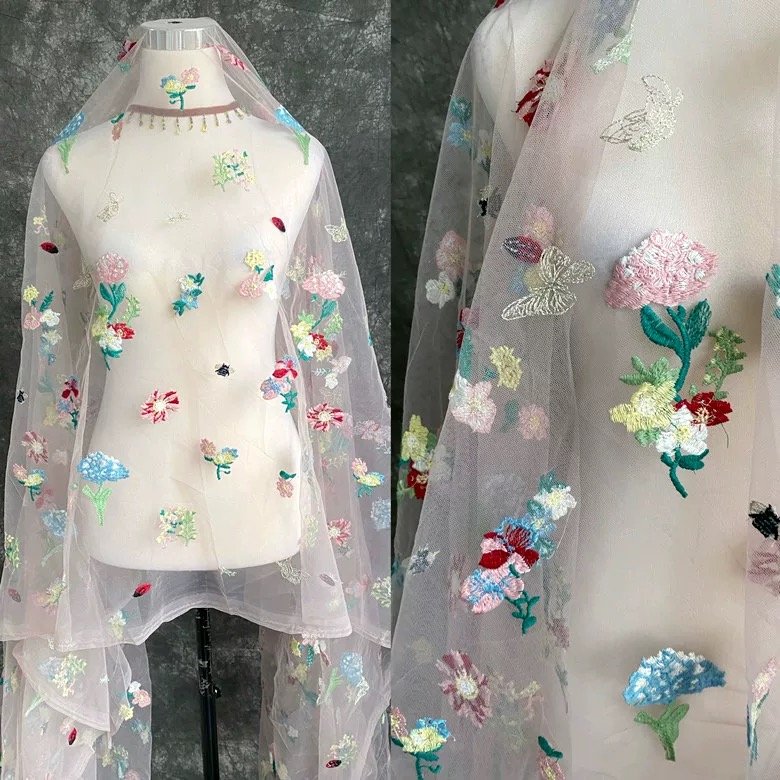 China Custom 130cm Embroidered Floral Light Pink Tulle Lace Trim Colorful Flower Embroidery Net Lace Fabric