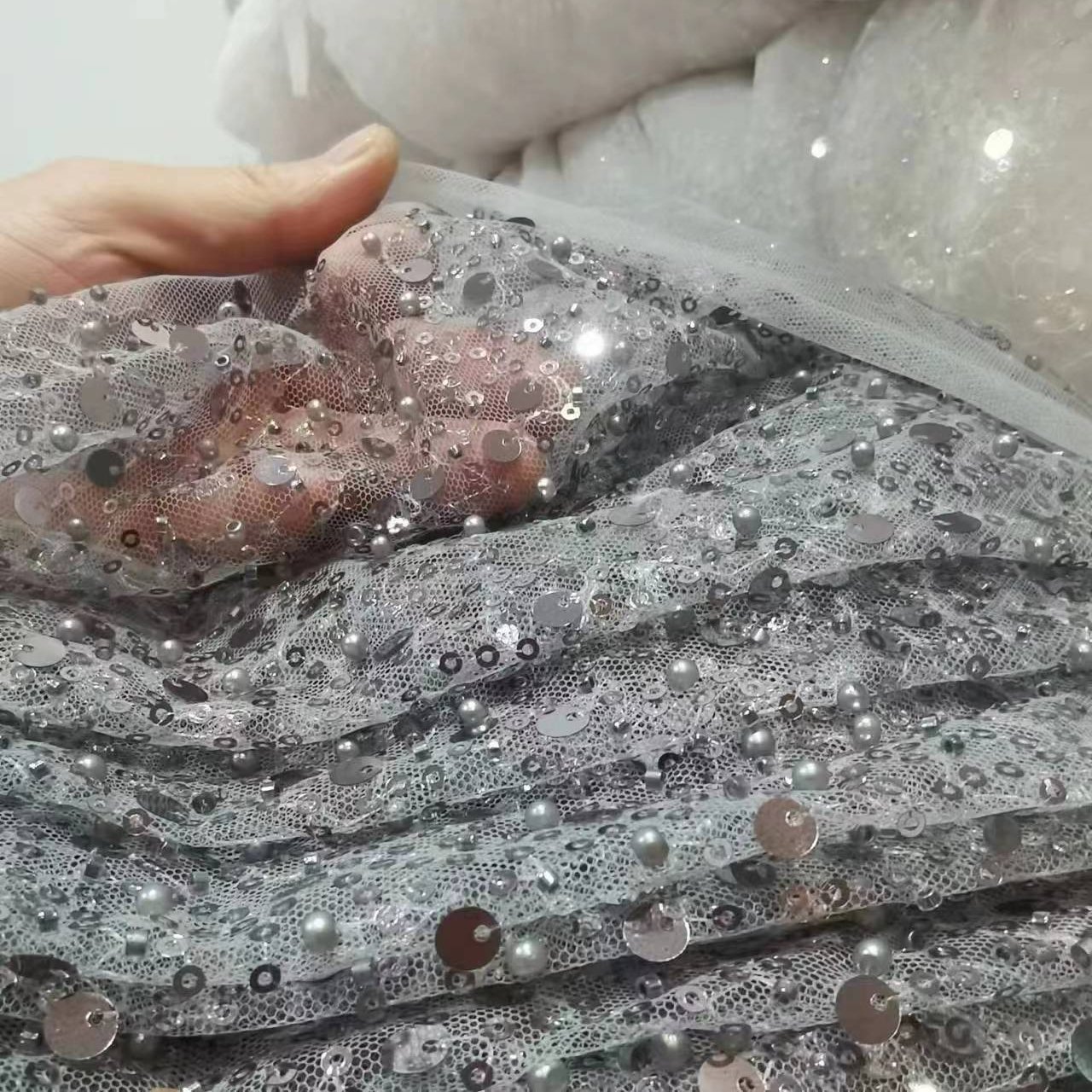 D-872 100% Polyester Mesh Sequin French lace fabric bridal wedding dress