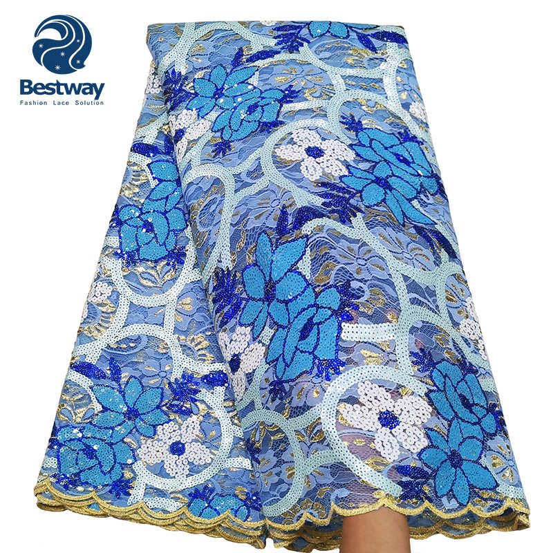 Bestway Lilac French Chantilly Material African Wedding Sequins Embroidery Lace Fabric