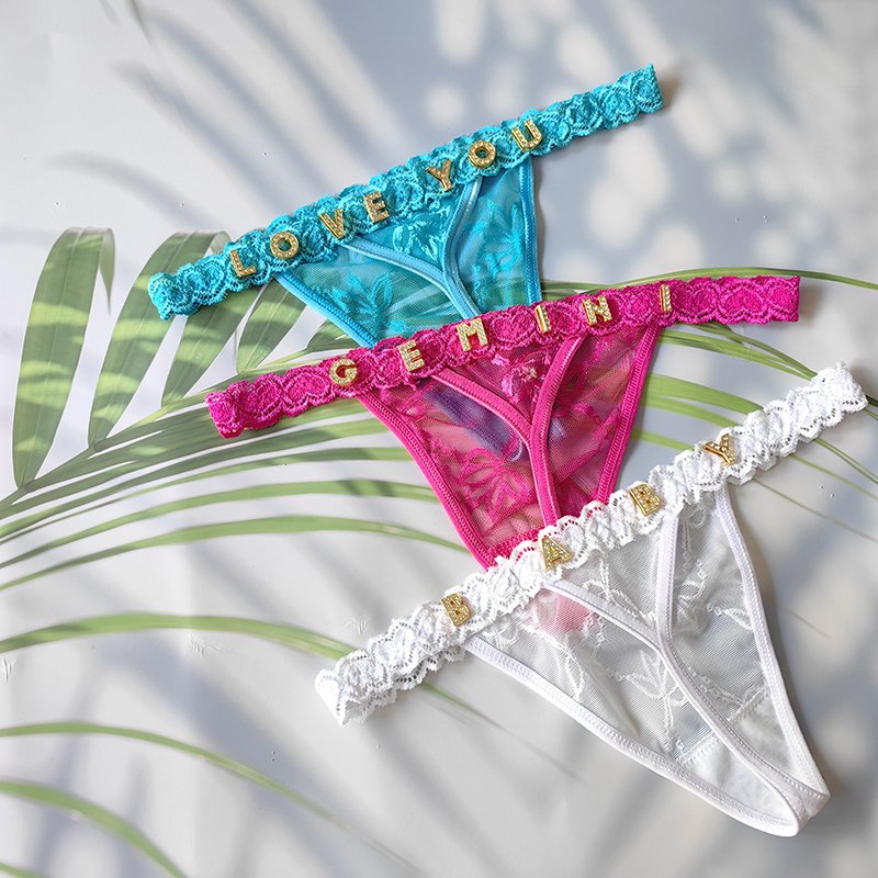 Drop shipping 2024 Sexy womens lace Underwear one piece Custom rhinestone Letter Panties and string halter bra sets