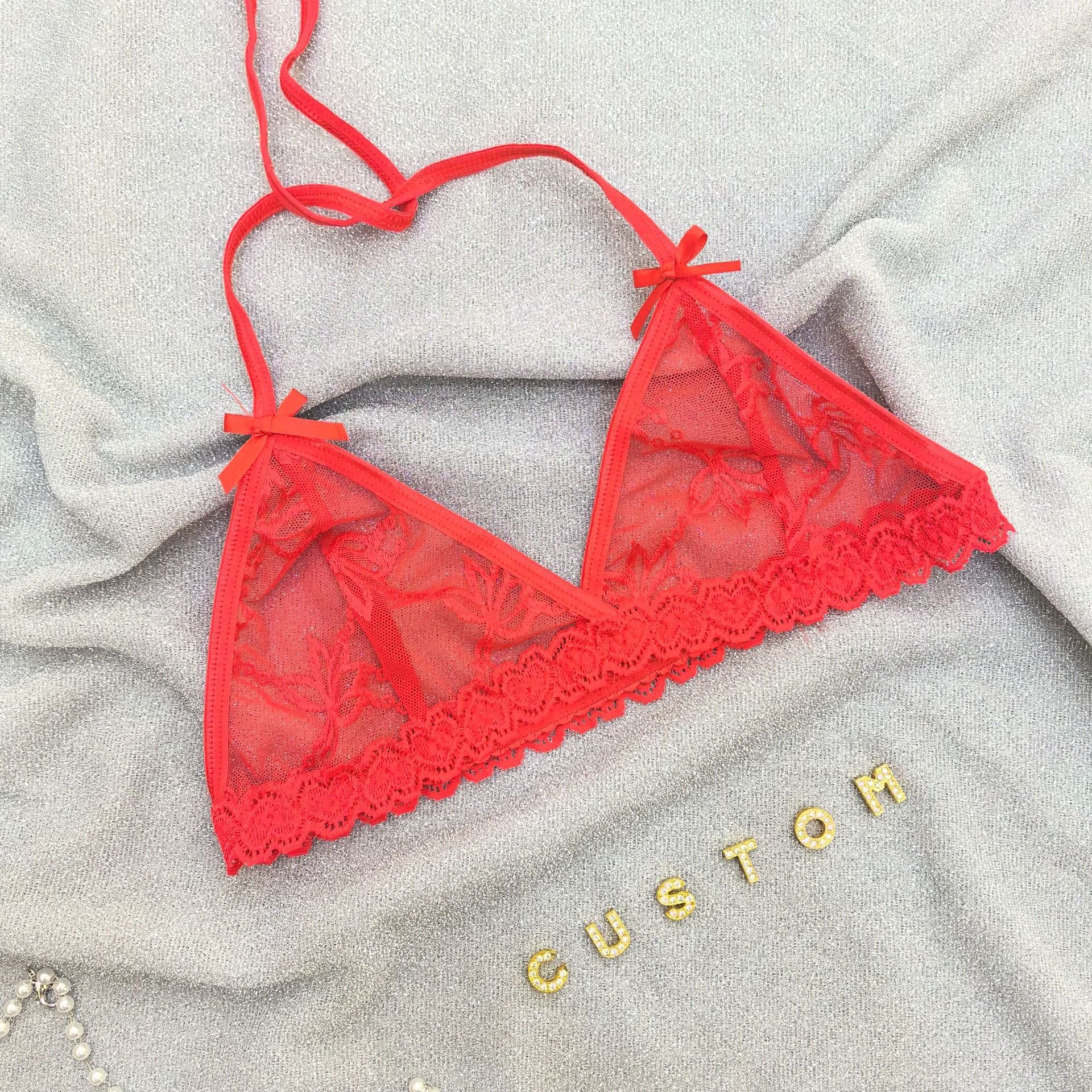 Drop shipping 2024 Sexy womens lace Underwear one piece Custom rhinestone Letter Panties and string halter bra sets