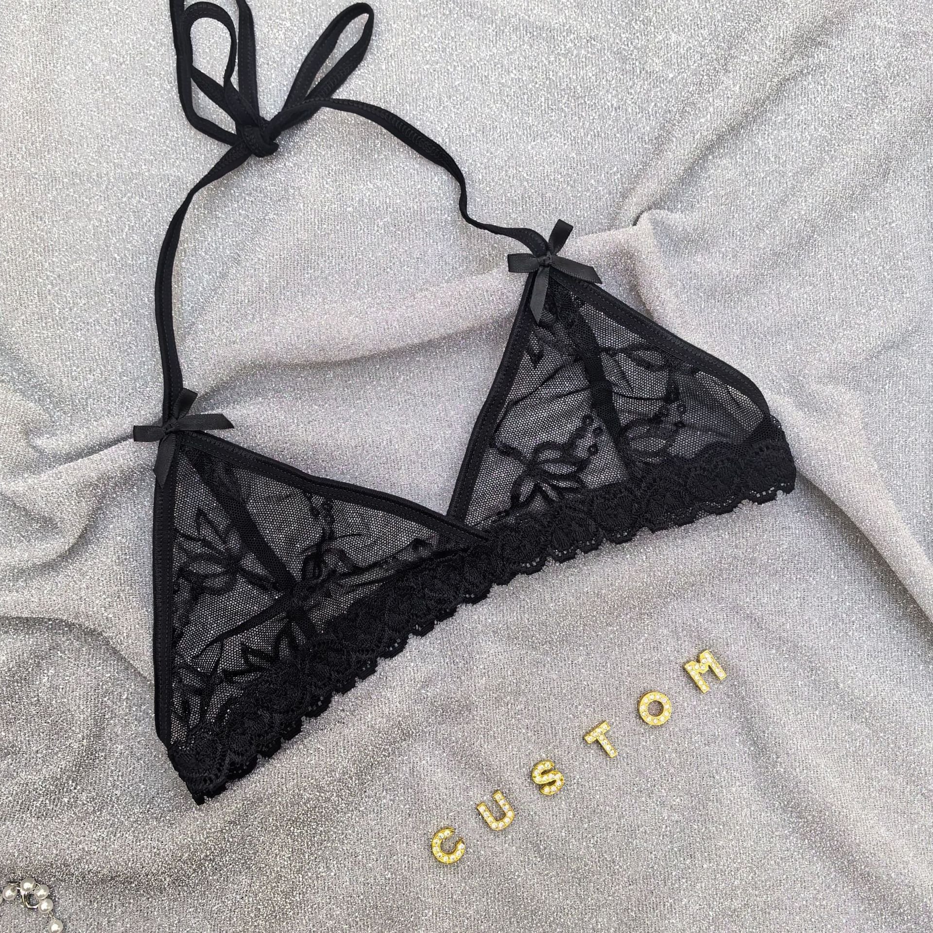 Drop shipping 2024 Sexy womens lace Underwear one piece Custom rhinestone Letter Panties and string halter bra sets