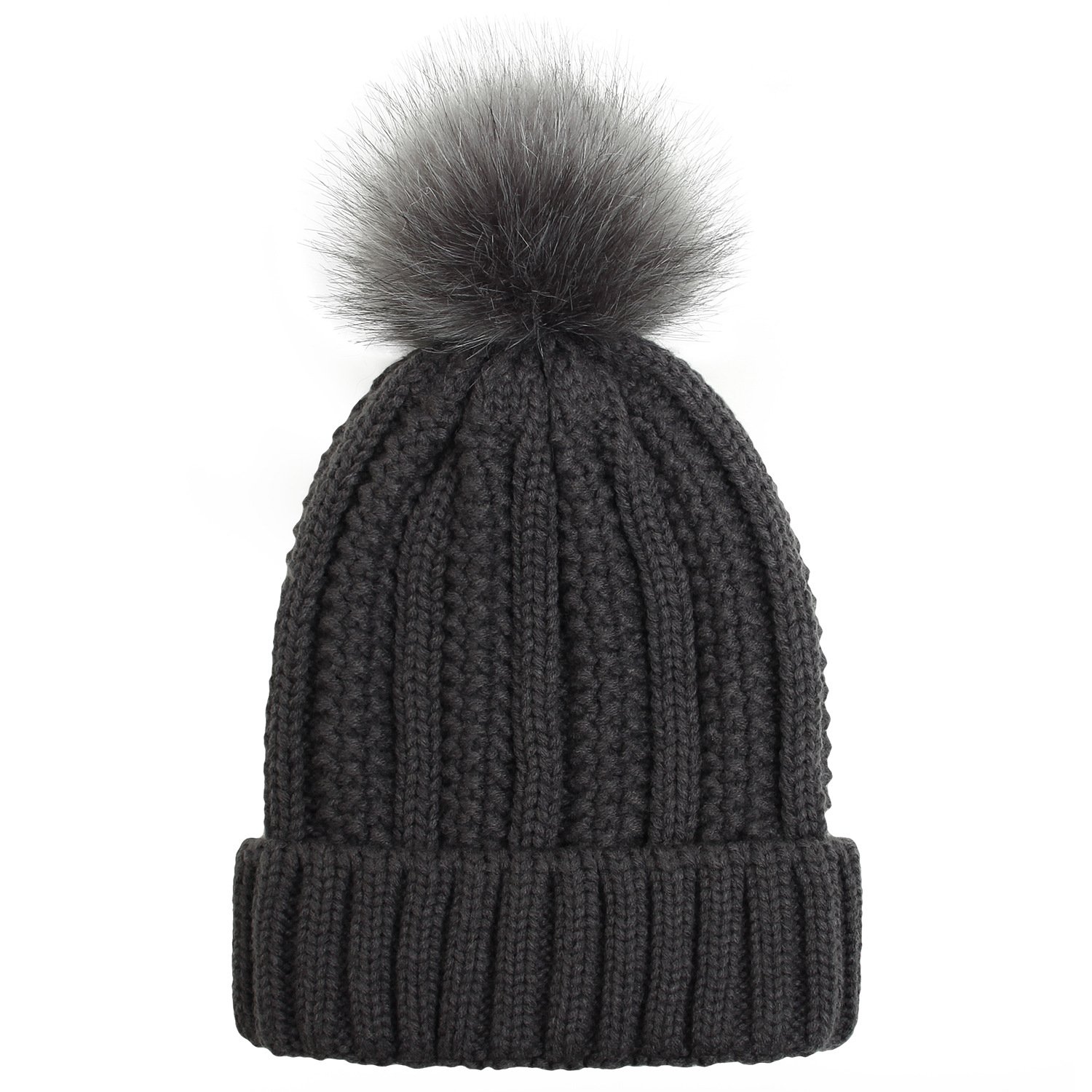 Women's Knit Slouchy Skullies Hat Beanies Thick Baggy Hat Faux Fur Pompom Winter Solid Warm Beanie Hat
