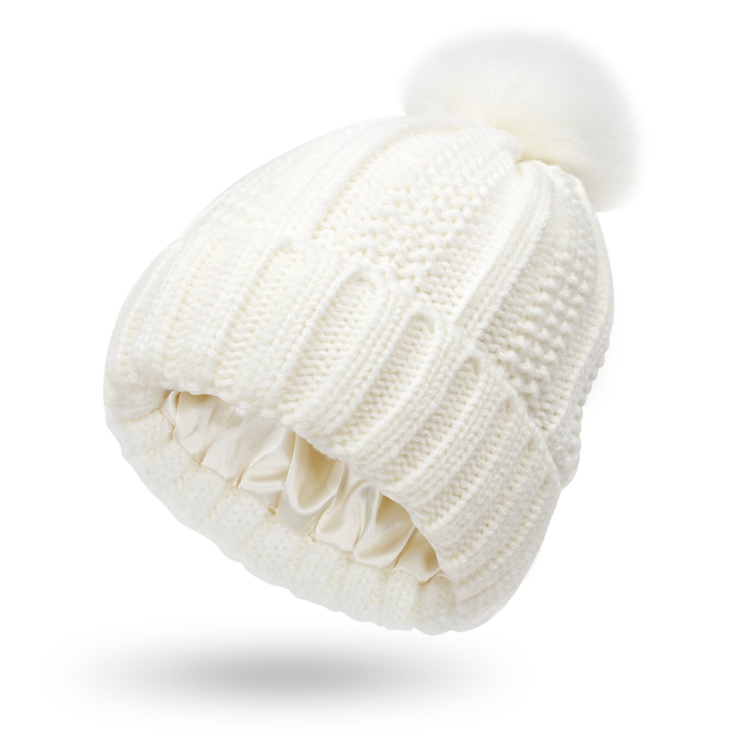 Women's Knit Slouchy Skullies Hat Beanies Thick Baggy Hat Faux Fur Pompom Winter Solid Warm Beanie Hat
