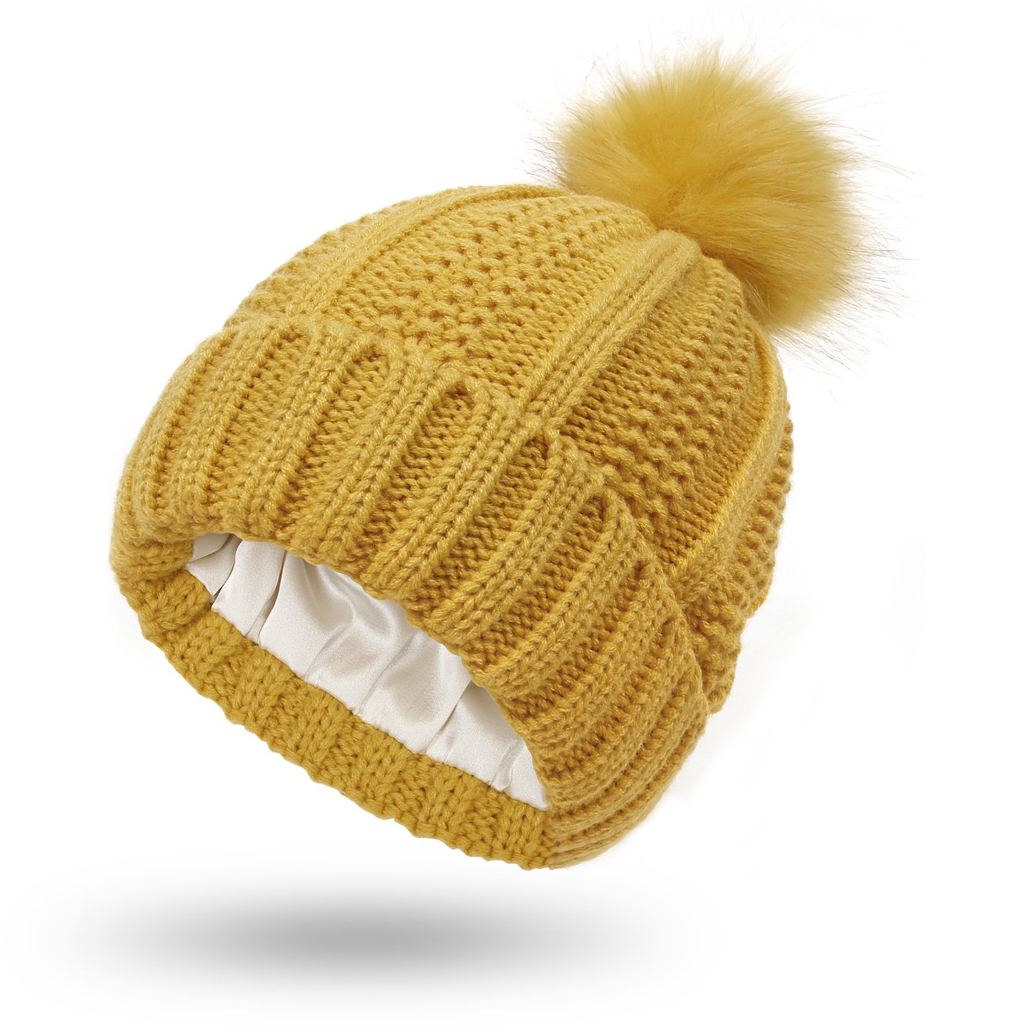 Women's Knit Slouchy Skullies Hat Beanies Thick Baggy Hat Faux Fur Pompom Winter Solid Warm Beanie Hat