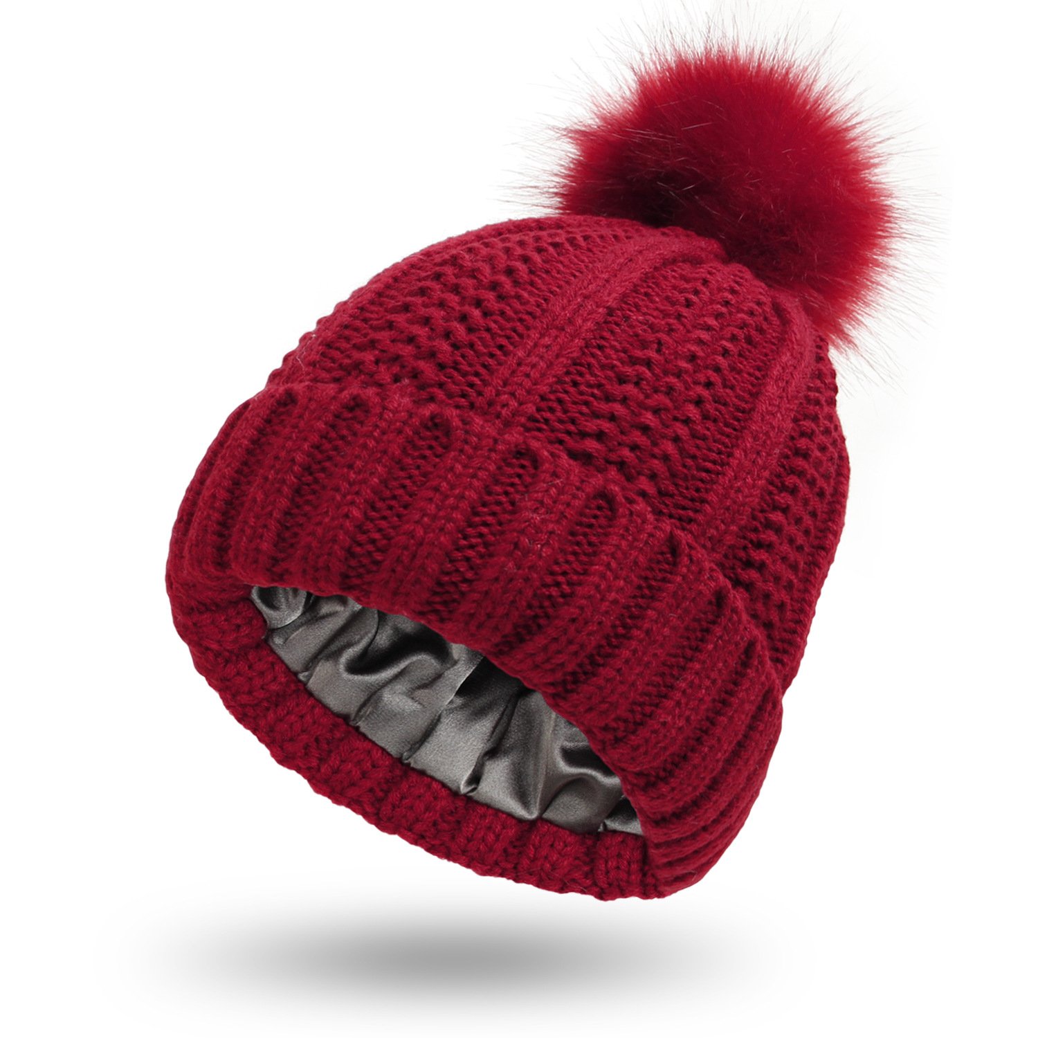 Women's Knit Slouchy Skullies Hat Beanies Thick Baggy Hat Faux Fur Pompom Winter Solid Warm Beanie Hat
