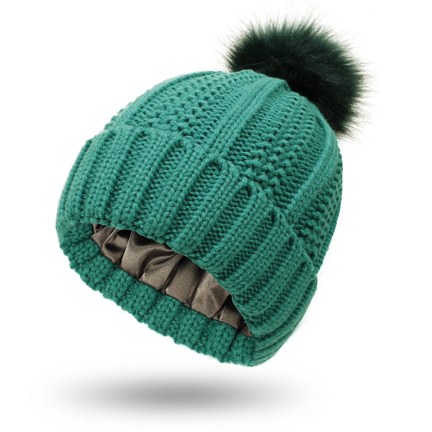 Women's Knit Slouchy Skullies Hat Beanies Thick Baggy Hat Faux Fur Pompom Winter Solid Warm Beanie Hat