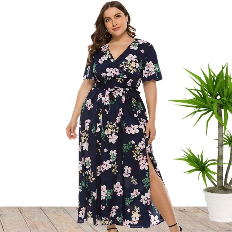 Customized high quality chiffon long lace-up print dress Summer 2022 new plus size women's dresses