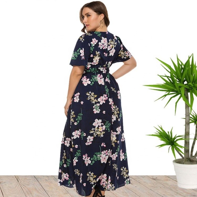 Customized high quality chiffon long lace-up print dress Summer 2022 new plus size women's dresses