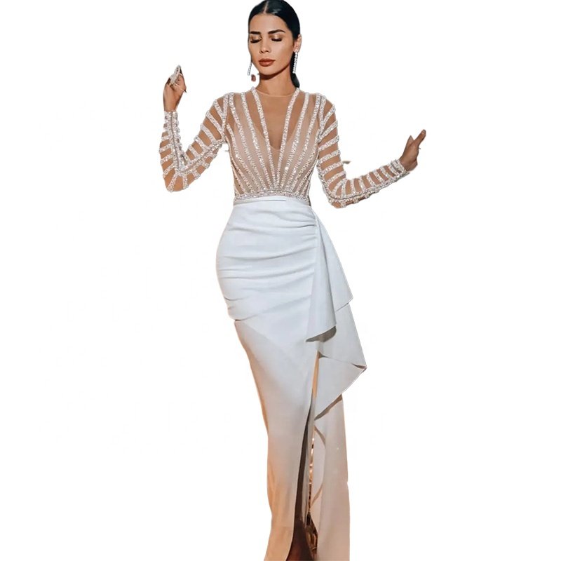 Liu Ming Autumn Winter 2024 New Products Sexy Women Sheer See Through Long Sleeve Slim Party Evening Long Maxi Dress