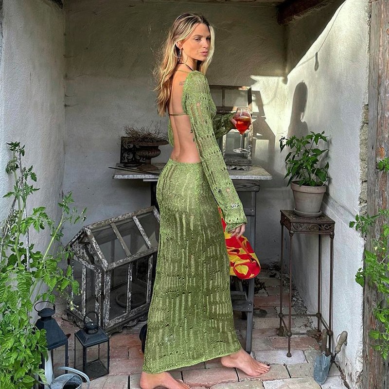 Lygens 3440 Rknitting Ribbed See Through Backlessless Long Sleeve Tube Women'S Dresses Evening Summer Autumn 2024 Casual Cloth