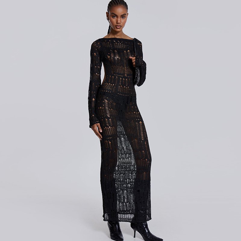 Lygens 3440 Rknitting Ribbed See Through Backlessless Long Sleeve Tube Women'S Dresses Evening Summer Autumn 2024 Casual Cloth