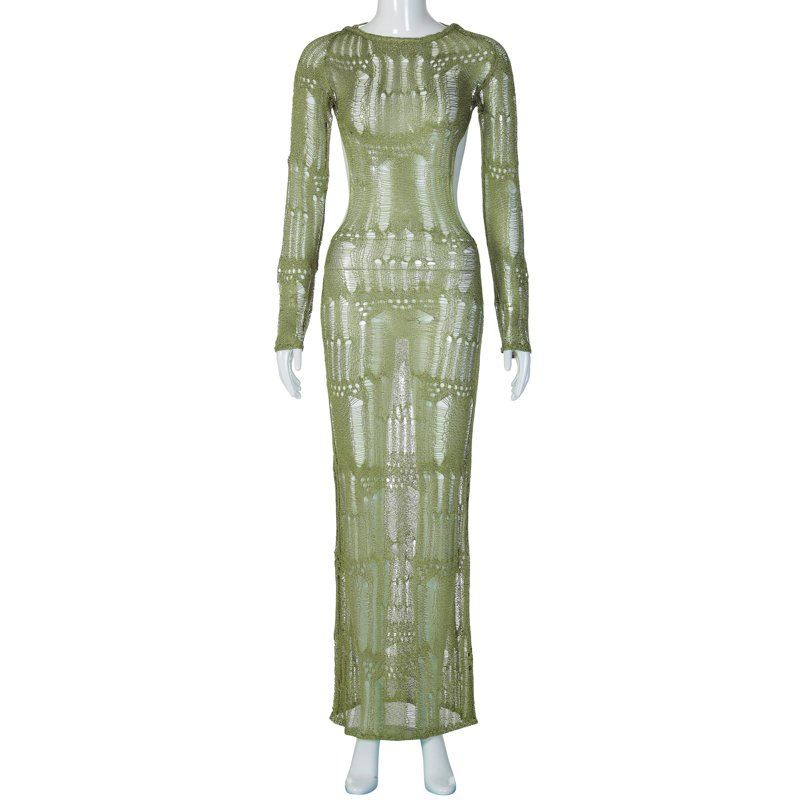 Lygens 3440 Rknitting Ribbed See Through Backlessless Long Sleeve Tube Women'S Dresses Evening Summer Autumn 2024 Casual Cloth
