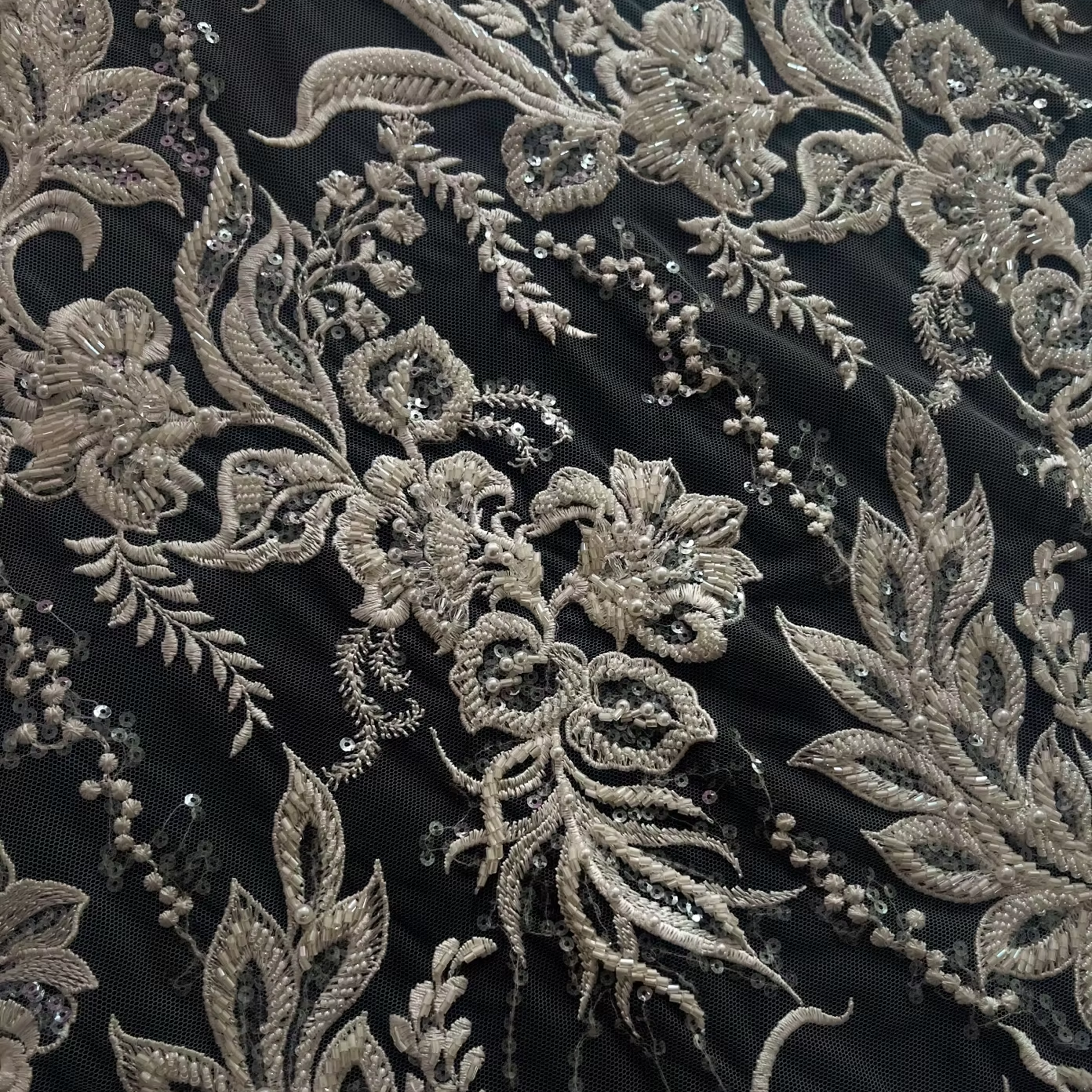 Luxury beaded lace fabric white beaded embroidery fabric for dress