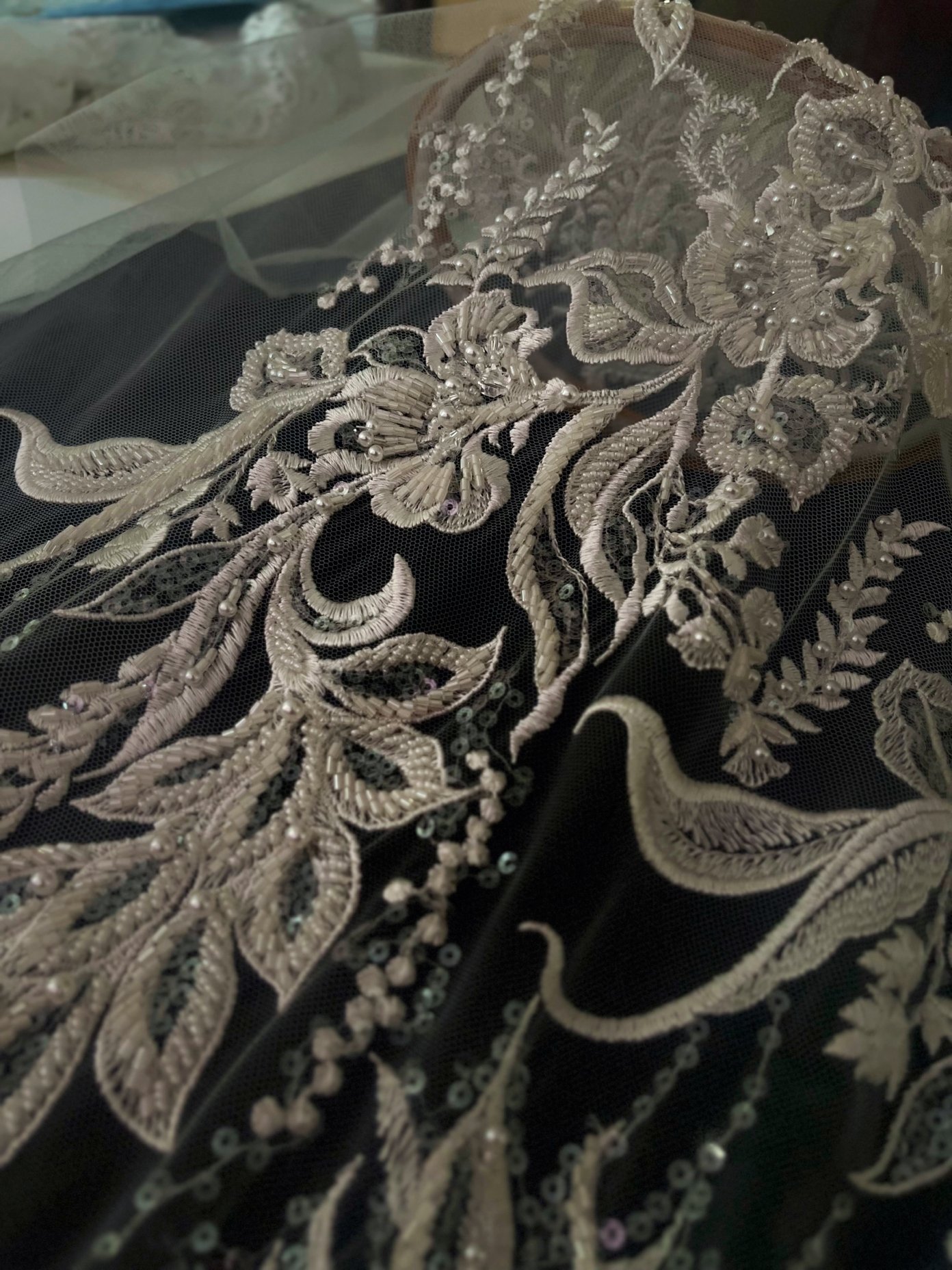 Luxury beaded lace fabric white beaded embroidery fabric for dress