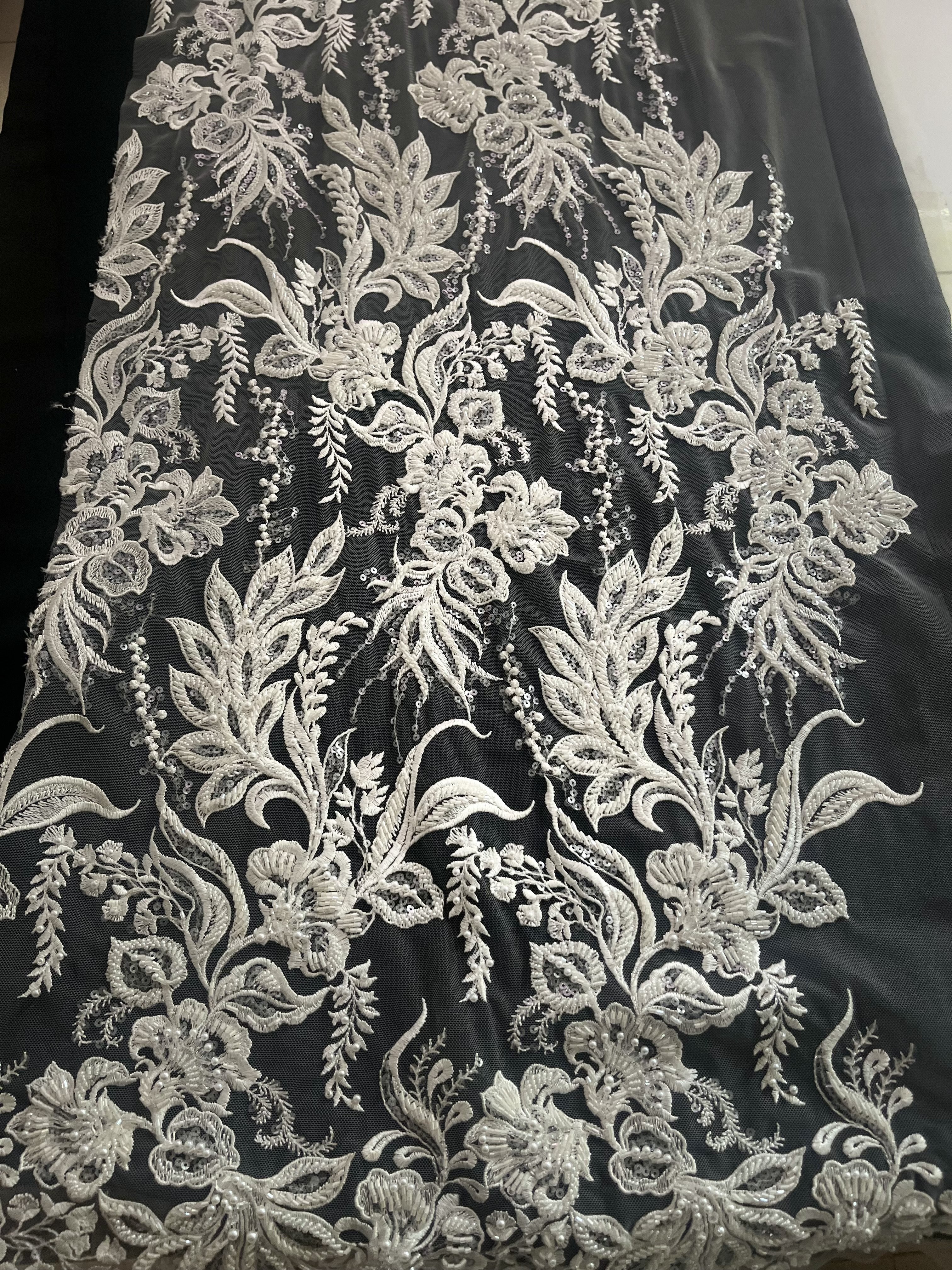 Luxury beaded lace fabric white beaded embroidery fabric for dress