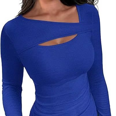 Wholesale Ribbed fabric irregular collar women's long sleeved sexy slim fit T-shirt top