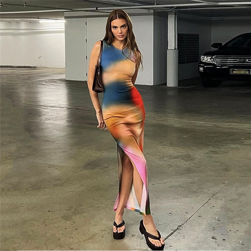 Sexy Sleeveless Backless Summer Maxi Dress Vestido Women Tie Dye Print Split Slim Long Dress Elegant Party Dresses