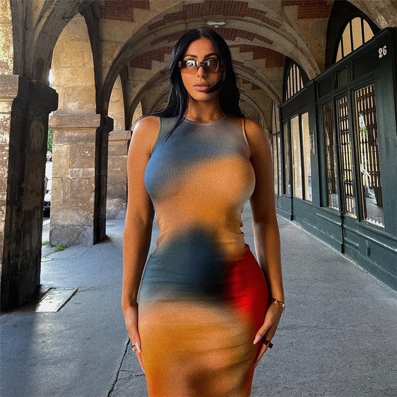 Sexy Sleeveless Backless Summer Maxi Dress Vestido Women Tie Dye Print Split Slim Long Dress Elegant Party Dresses