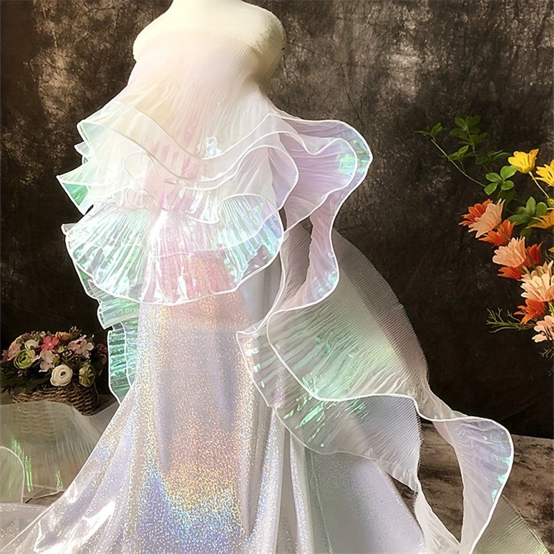 Wholesale Silk Luster Large Wavy Lace French Pleated Ruffle Organza Wedding Dress Transparent Lace Trim