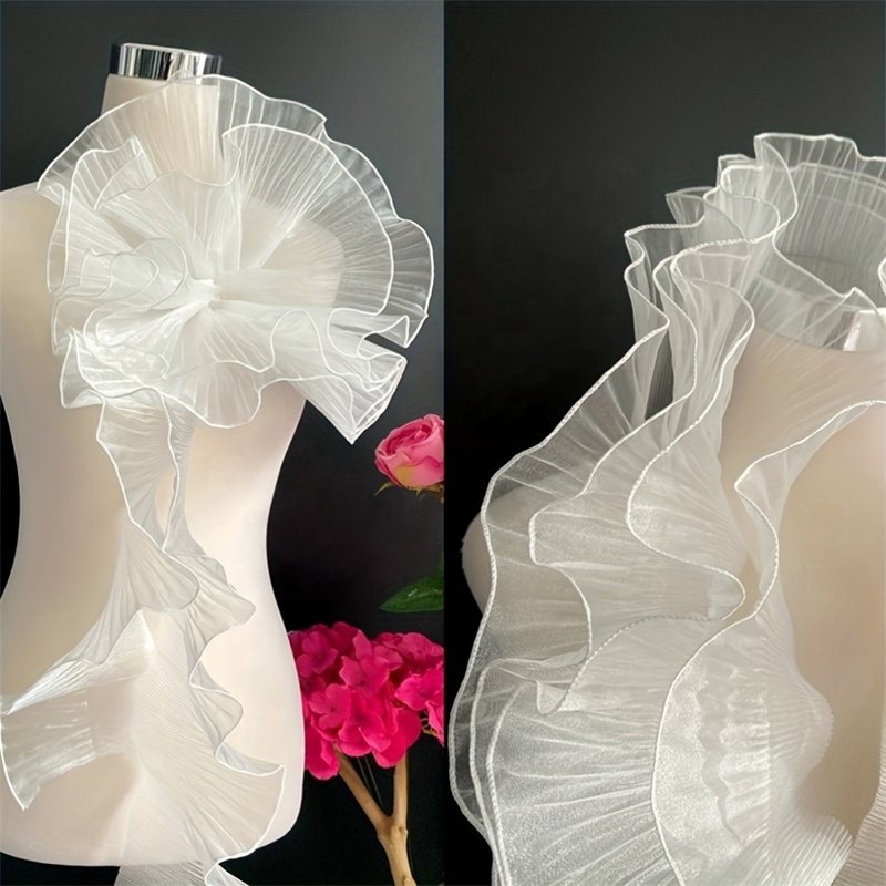 Wholesale Silk Luster Large Wavy Lace French Pleated Ruffle Organza Wedding Dress Transparent Lace Trim