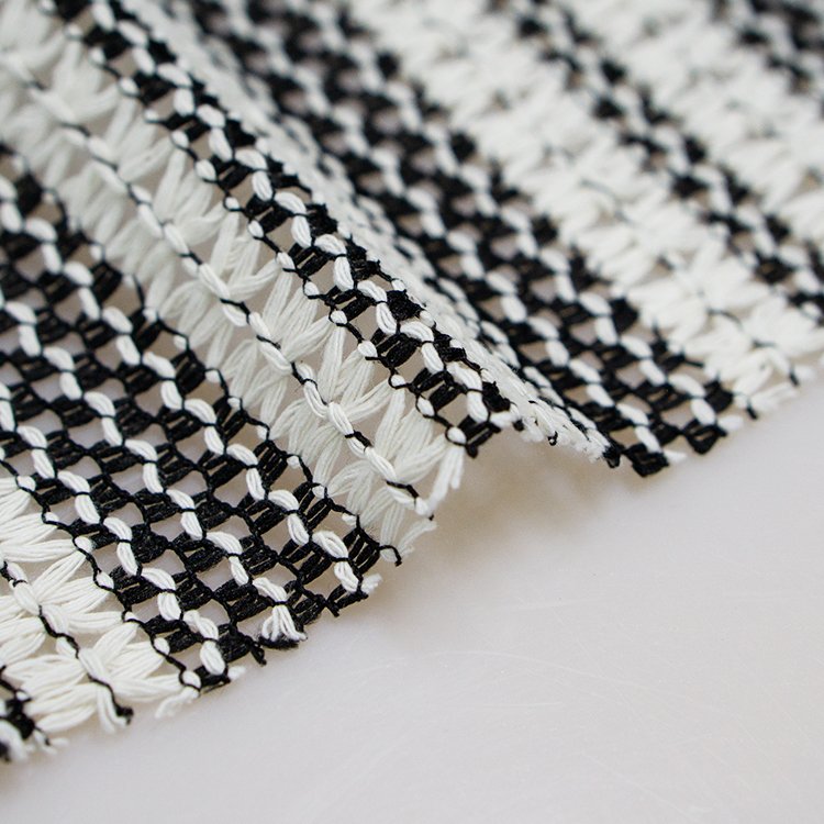 65T 35C white and black stretch mesh embroidered net warp lace fabrics
