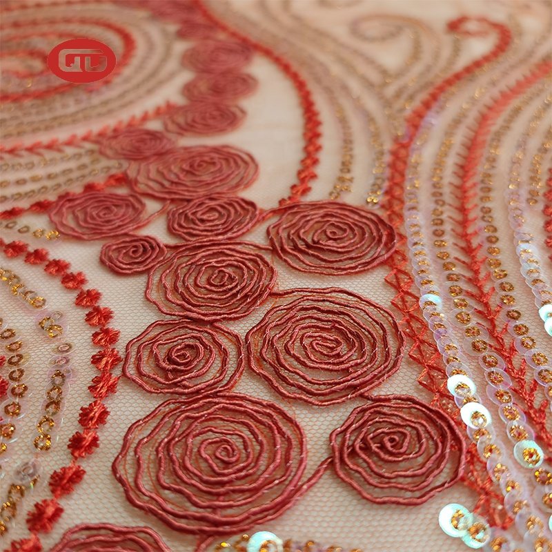 Fancy beautiful orange sequin design rope embroidery tulle fabric for ladies dress