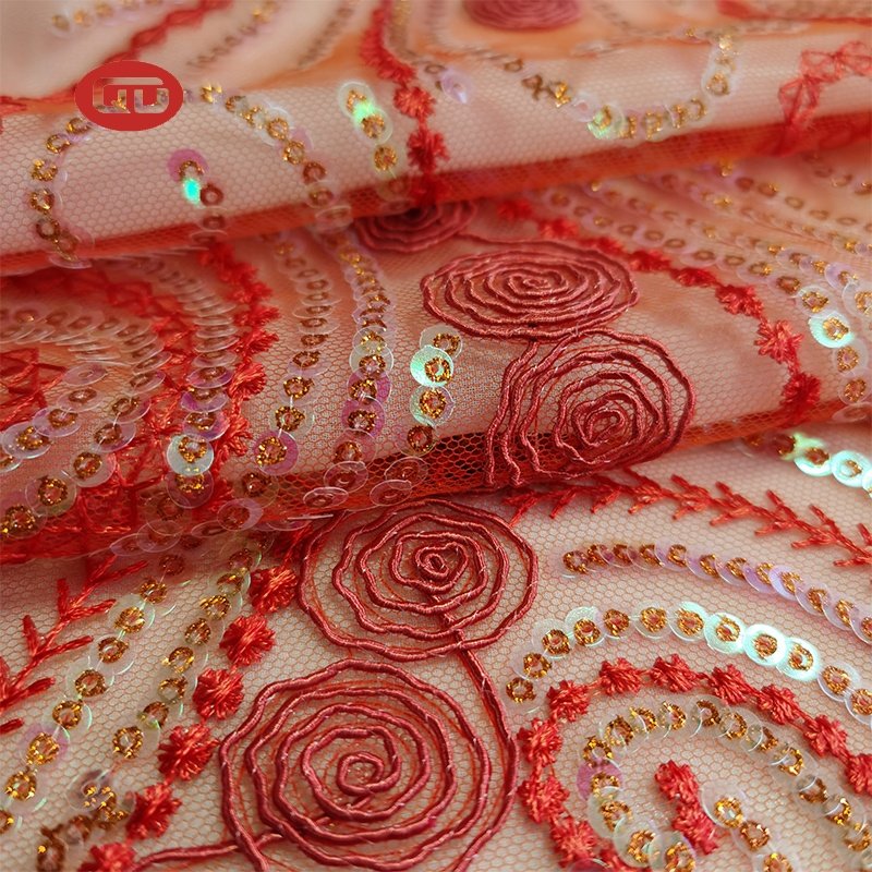Fancy beautiful orange sequin design rope embroidery tulle fabric for ladies dress