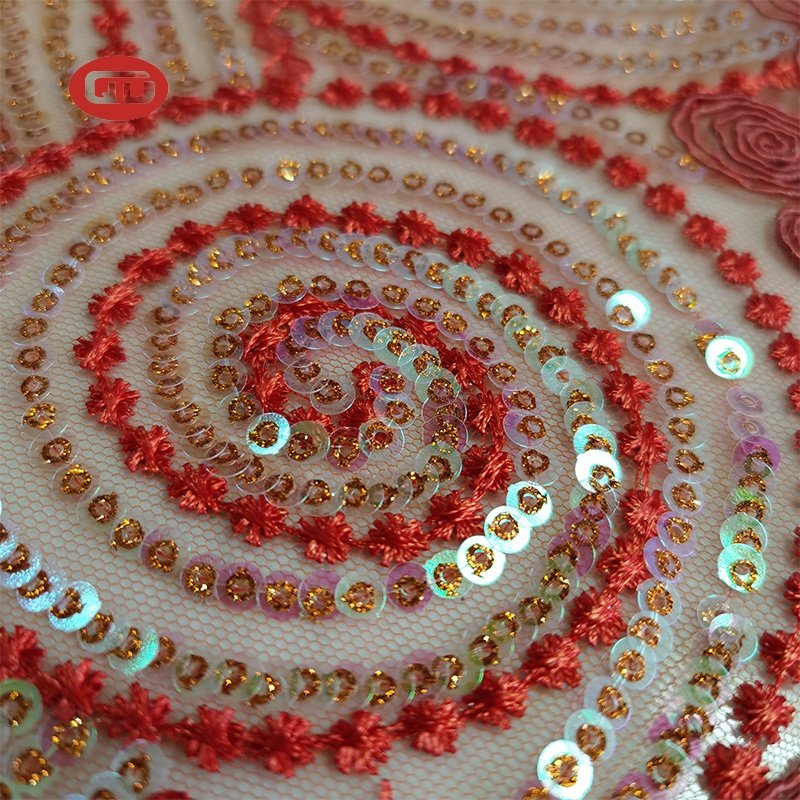Fancy beautiful orange sequin design rope embroidery tulle fabric for ladies dress