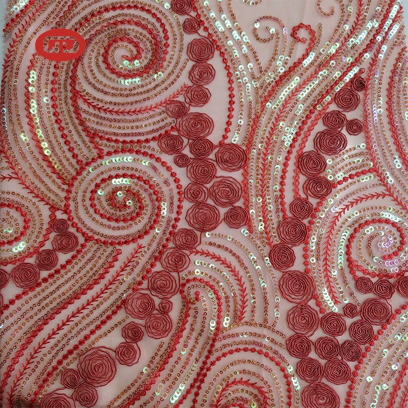 Fancy beautiful orange sequin design rope embroidery tulle fabric for ladies dress