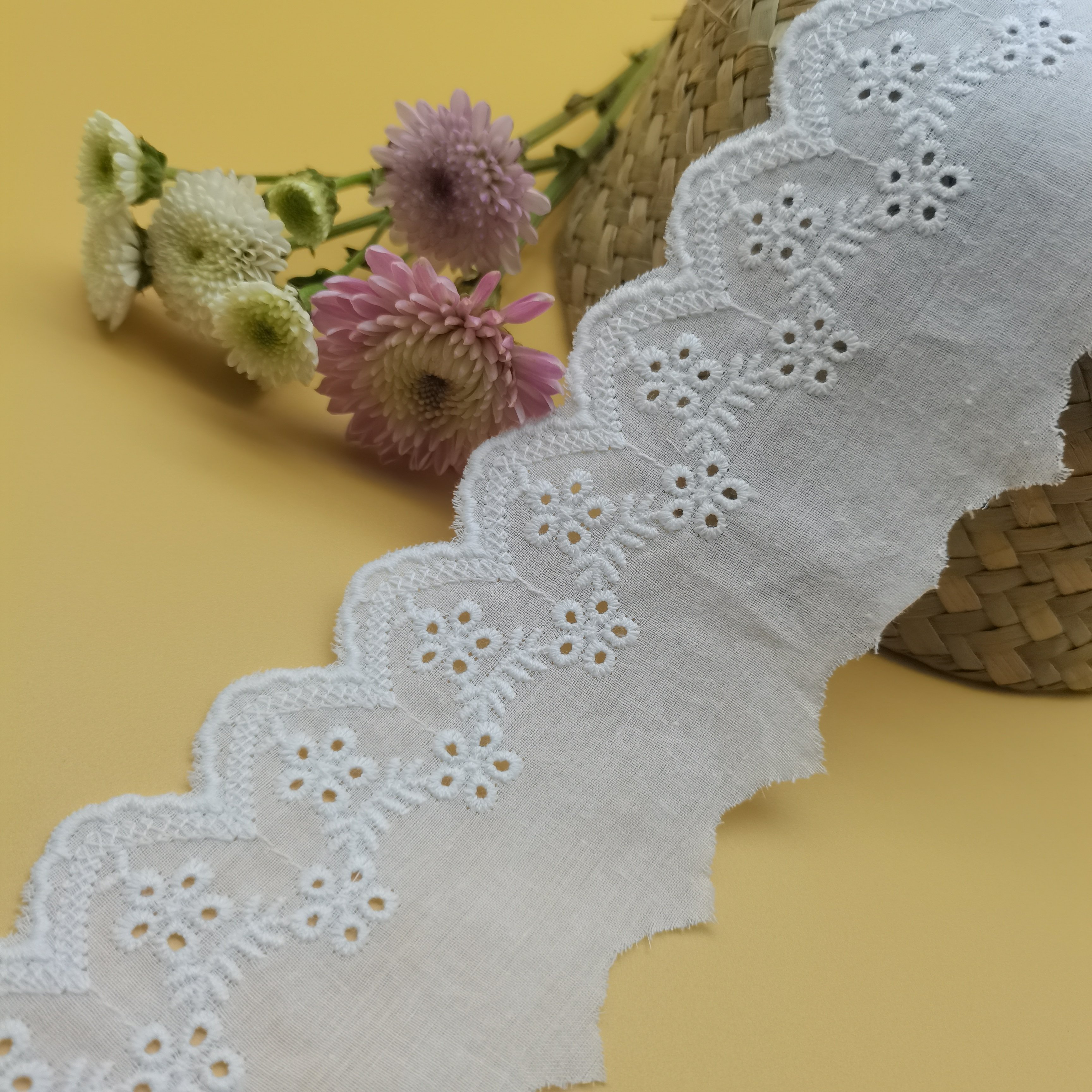 Hot Sale 100% Cotton Guipure Lace 6.5cm Eyelet Embroidery Fabric for Women's Garments Hijab Accessories