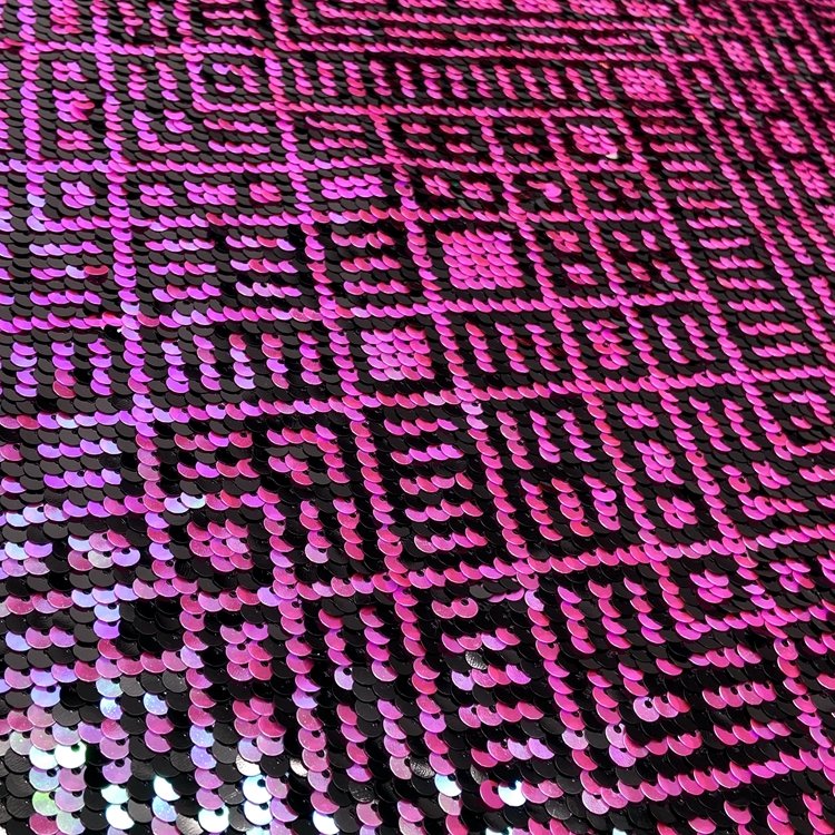 Fancy polyester geometric pattern knitted embroidered mesh 3mm reversible sequin fabric