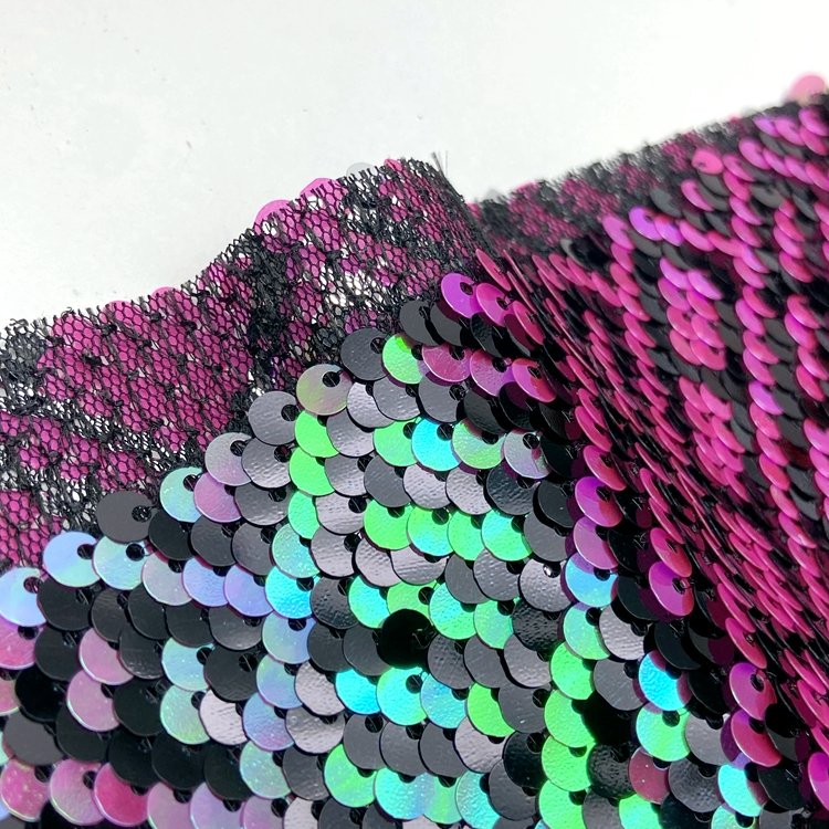 Fancy polyester geometric pattern knitted embroidered mesh 3mm reversible sequin fabric
