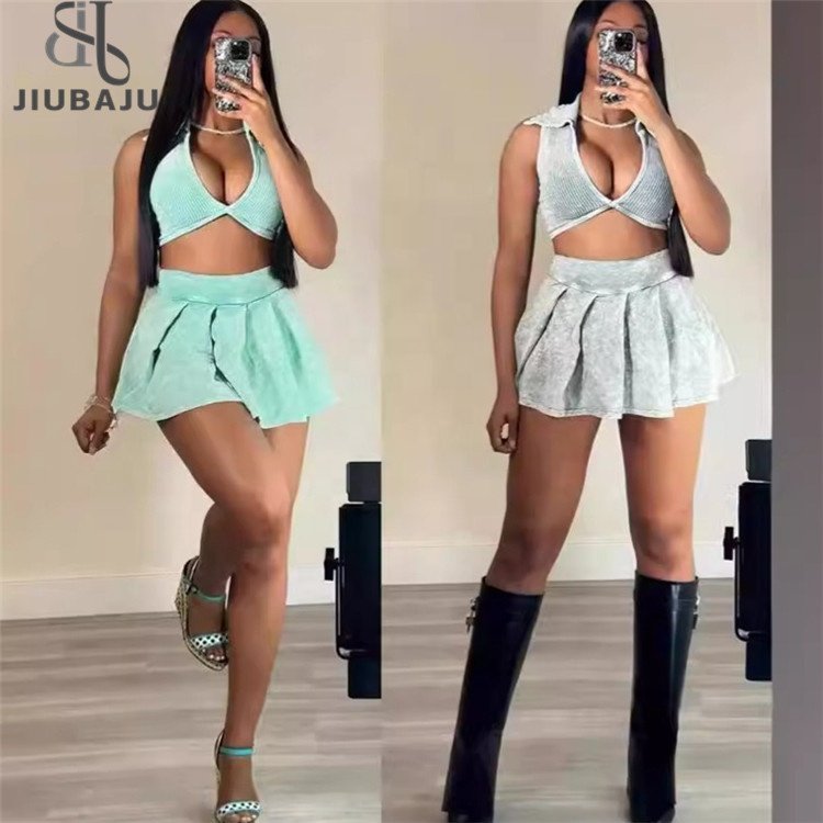 Ribbed V neck Crop Top and Skirt Sets Two Piece Set for Women Party Club Outfits Matching Sets