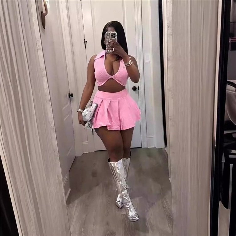 Ribbed V neck Crop Top and Skirt Sets Two Piece Set for Women Party Club Outfits Matching Sets