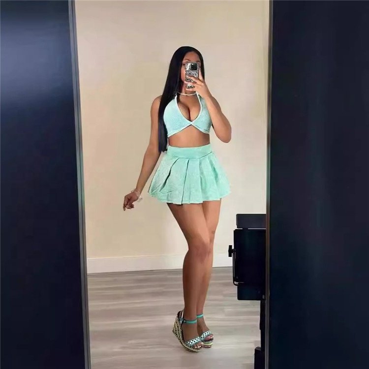 Ribbed V neck Crop Top and Skirt Sets Two Piece Set for Women Party Club Outfits Matching Sets