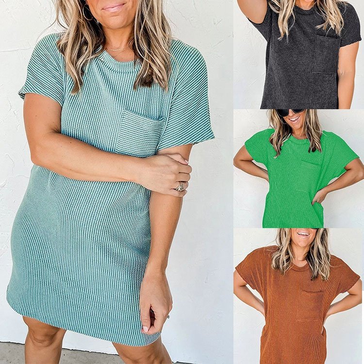Summer Western Style Striped Ribbed Knit Women Short Sleeve T-shirt Fashion Round neck Solid Color Ladies Shift Dress