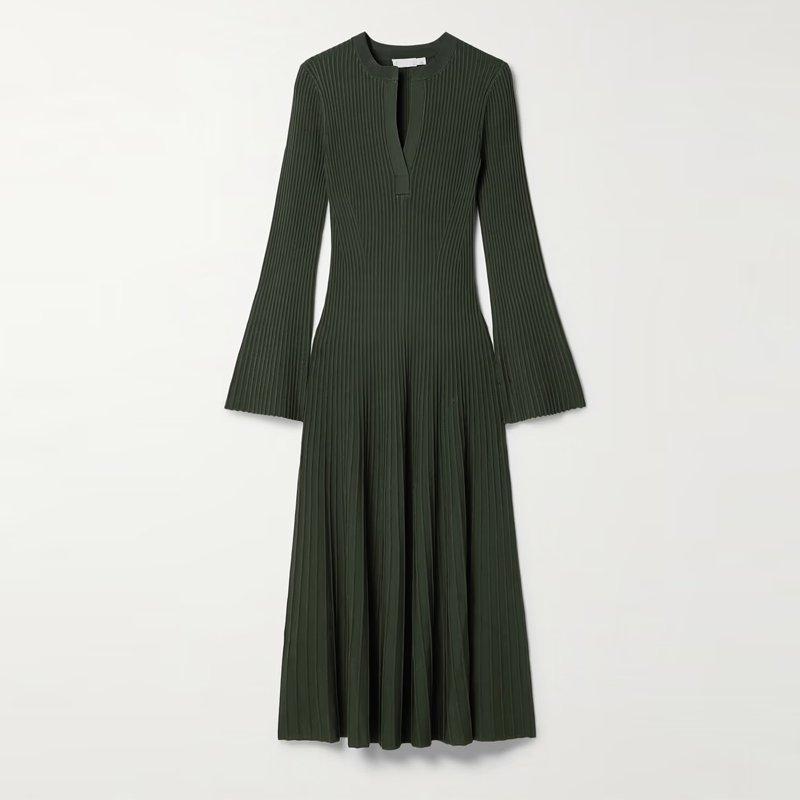Knitwear manufacturer custom spring autumn army green V neck long sleeved ribbed knitted women's sweater dress