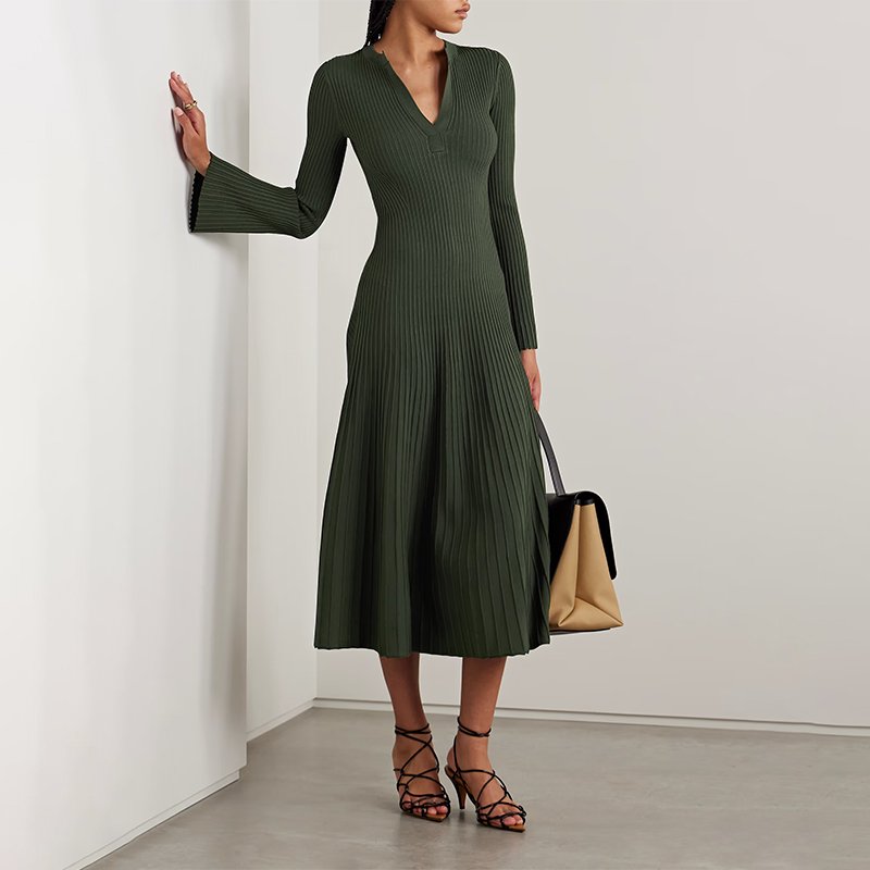 Knitwear manufacturer custom spring autumn army green V neck long sleeved ribbed knitted women's sweater dress