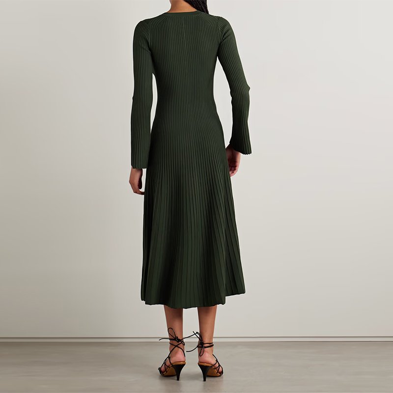 Knitwear manufacturer custom spring autumn army green V neck long sleeved ribbed knitted women's sweater dress