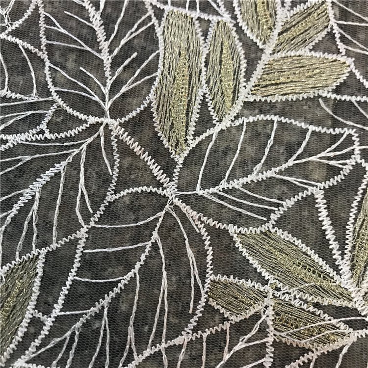 New embroidery fabric gold thread net gauze leaf lace fabric women's fashion dress accessories luxury polyester fabric