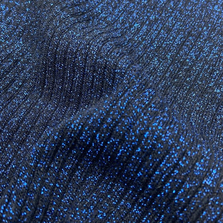Heavy ribbed 300GSM rayon polyester stretch blue lurex metallic 3*3 custom knit rib fabric for sweater