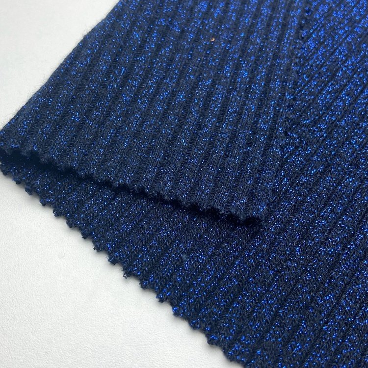 Heavy ribbed 300GSM rayon polyester stretch blue lurex metallic 3*3 custom knit rib fabric for sweater