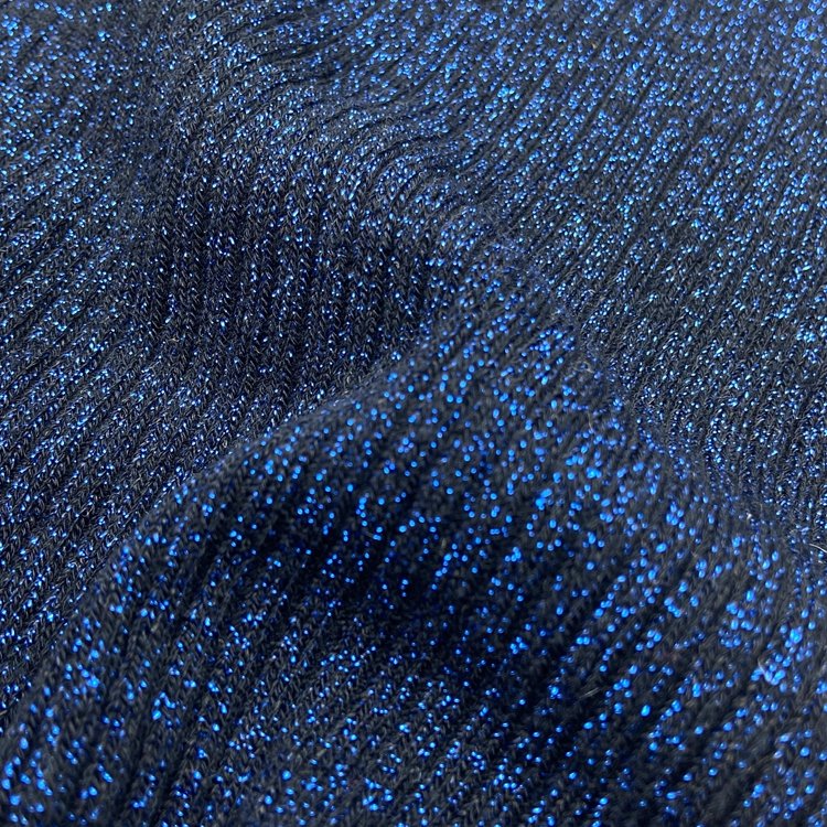 Heavy ribbed 300GSM rayon polyester stretch blue lurex metallic 3*3 custom knit rib fabric for sweater