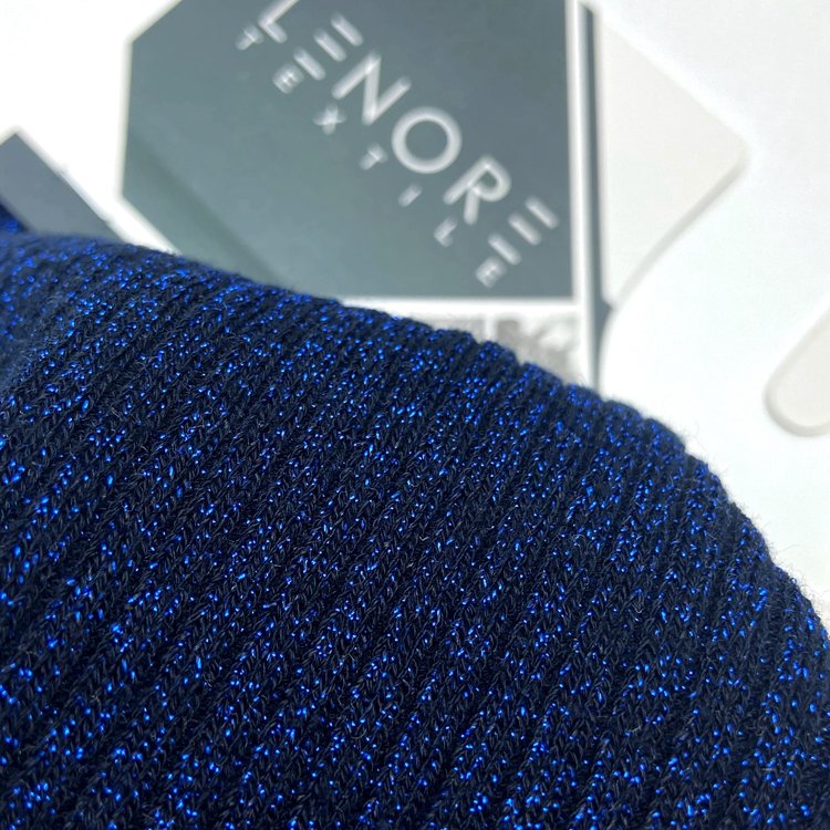 Heavy ribbed 300GSM rayon polyester stretch blue lurex metallic 3*3 custom knit rib fabric for sweater